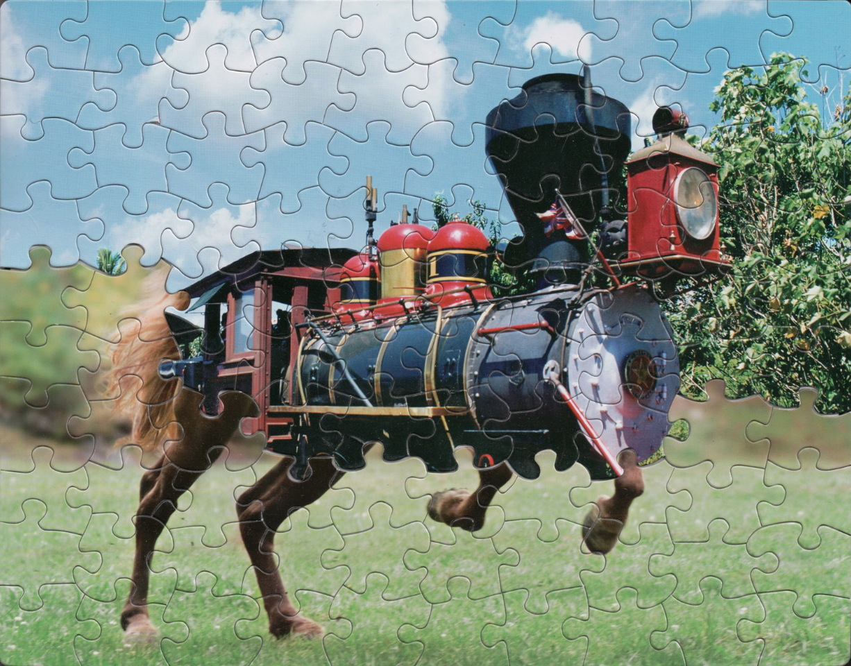 Puzzle mashup of train and horse